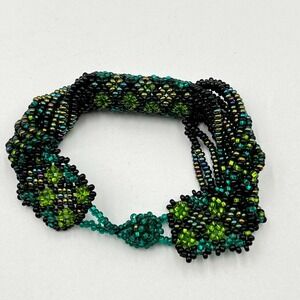 Vintage Boho Multi-Strand Seed Beads Bracelet Green Black Iridescent Beaded Loop
